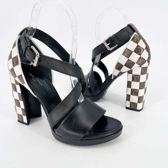 Louis Vuitton Black Monogram Damier Tressage Matchmake Check Heel Sandals EU 37 - Picture 2 of 16